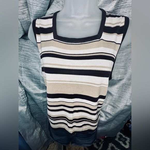 Croft & Barrow Black Tan Stripe Squareneck Knit Sweater Tank Top Shirt - X-Large - Picture 4 of 9